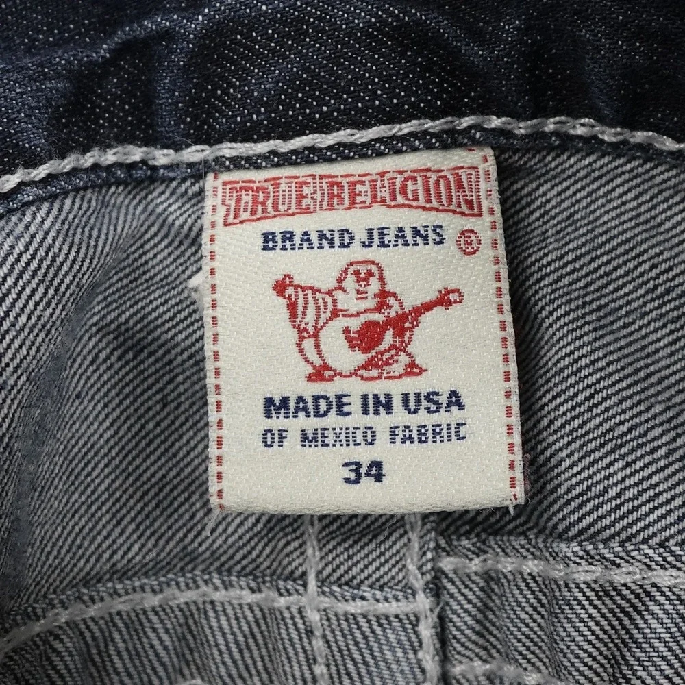 True Religion Straight Jeans Mens 34 Blue Medium Wash Flap Pockets White Stitch
